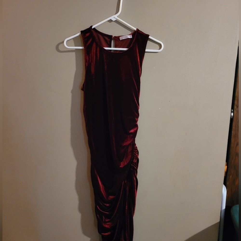 Women's Asymmetrical Ruched Satin Dress - Burgundy